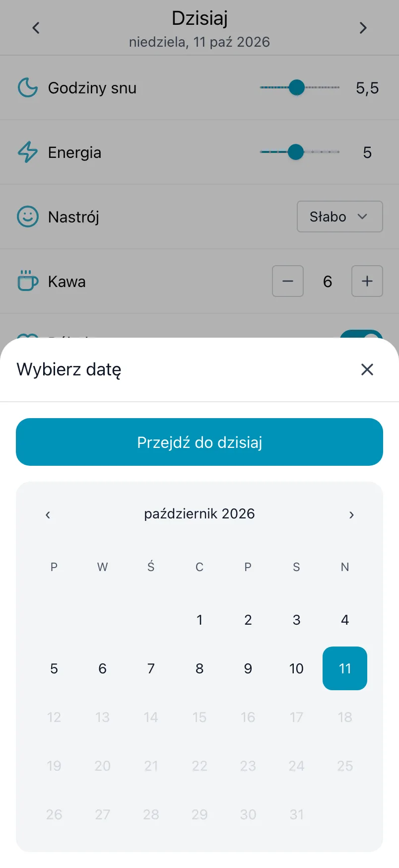 Wybierz datę, z kalendarzem miesiąca i przyciskiem Przejdź do dzisiaj