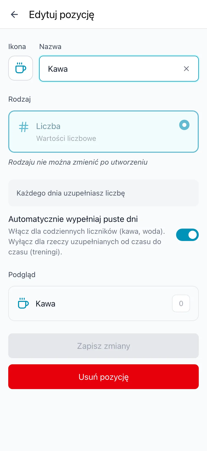 Edytuj pozycję dla Kawy, z zablokowanym rodzajem i przełącznikiem Automatycznie wypełniaj puste dni