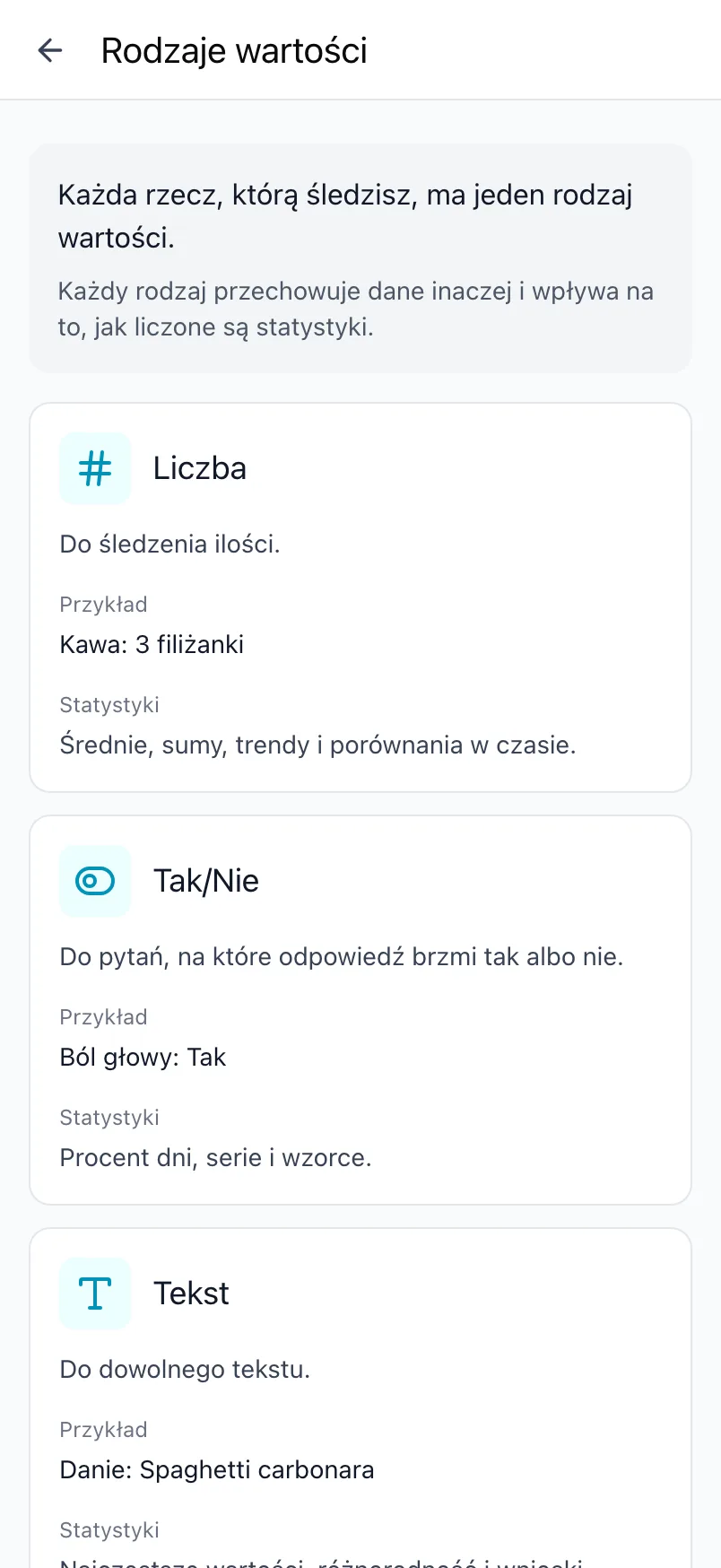 Ekran Rodzaje wartości w Loggr z wyjaśnieniem każdego rodzaju