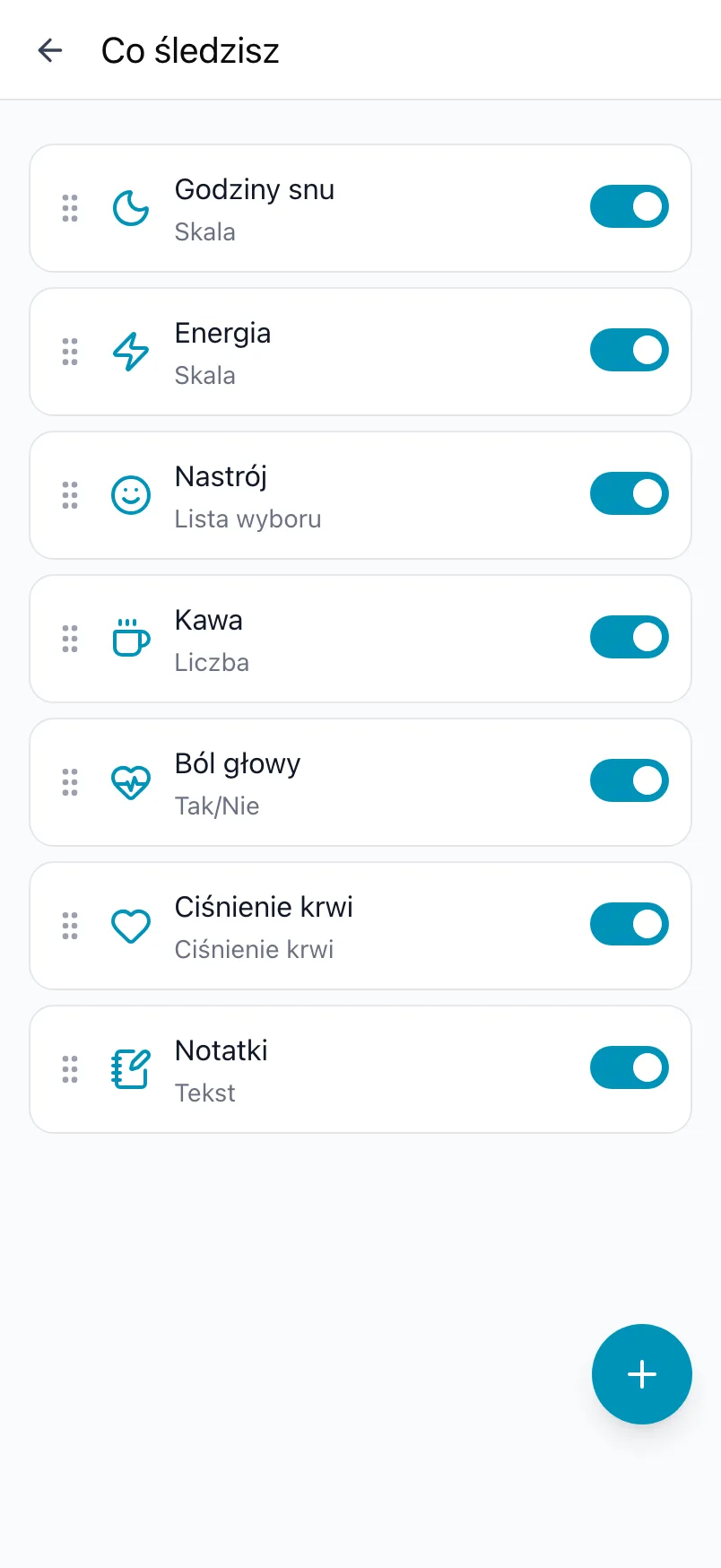 Ekran Co śledzisz w Loggr z siedmioma pozycjami, ich przełącznikami i przyciskiem +