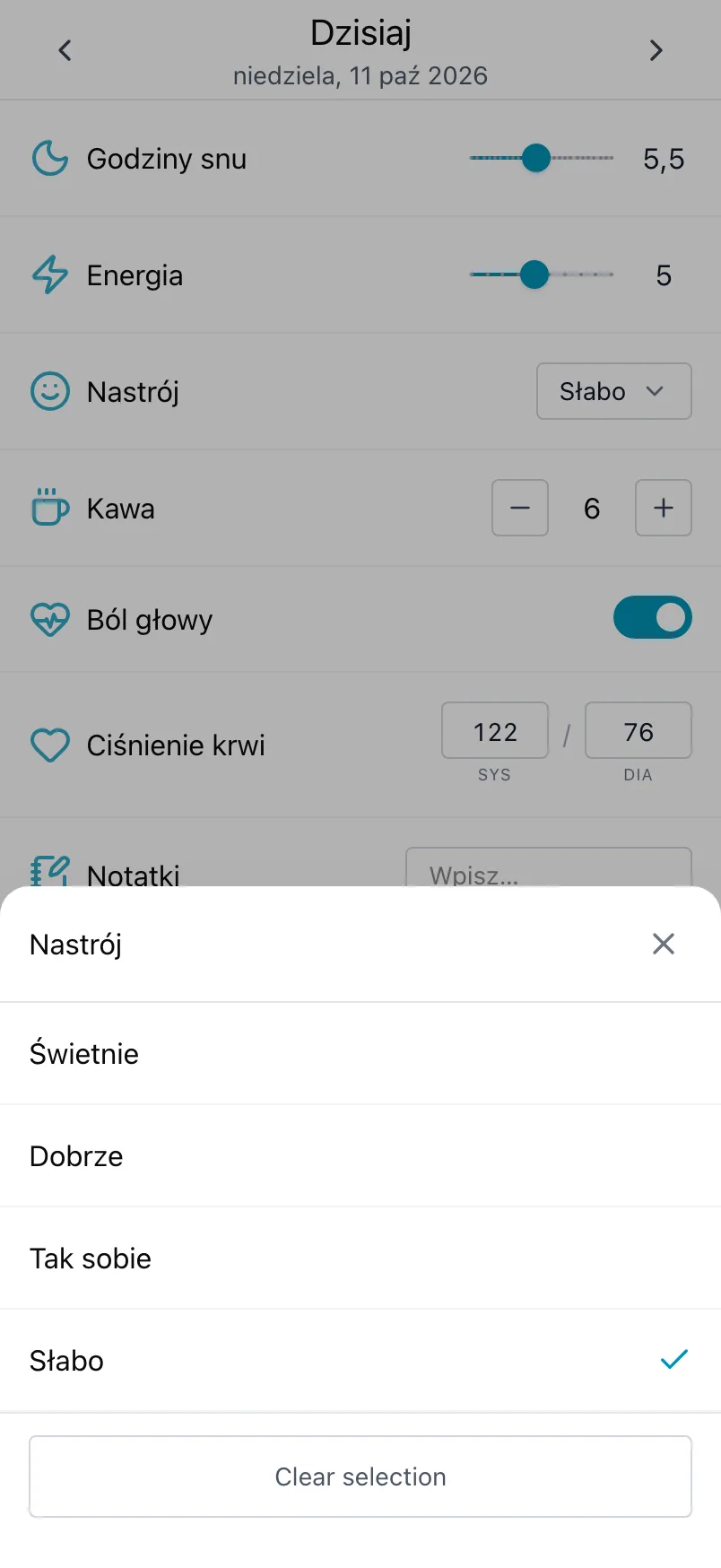 Lista nastrojów otwarta z pozycji Nastrój, z zaznaczonym dzisiejszym wyborem
