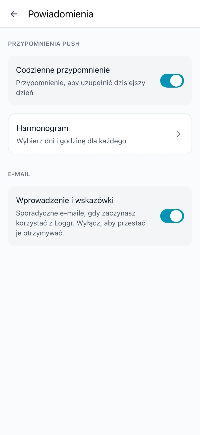 Ekran Powiadomienia w Loggr z codziennym przypomnieniem, harmonogramem i ustawieniem e-maili