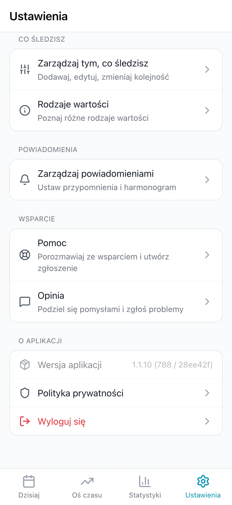 Dolna część Ustawień z sekcjami Co śledzisz, Powiadomienia, Wsparcie i O aplikacji