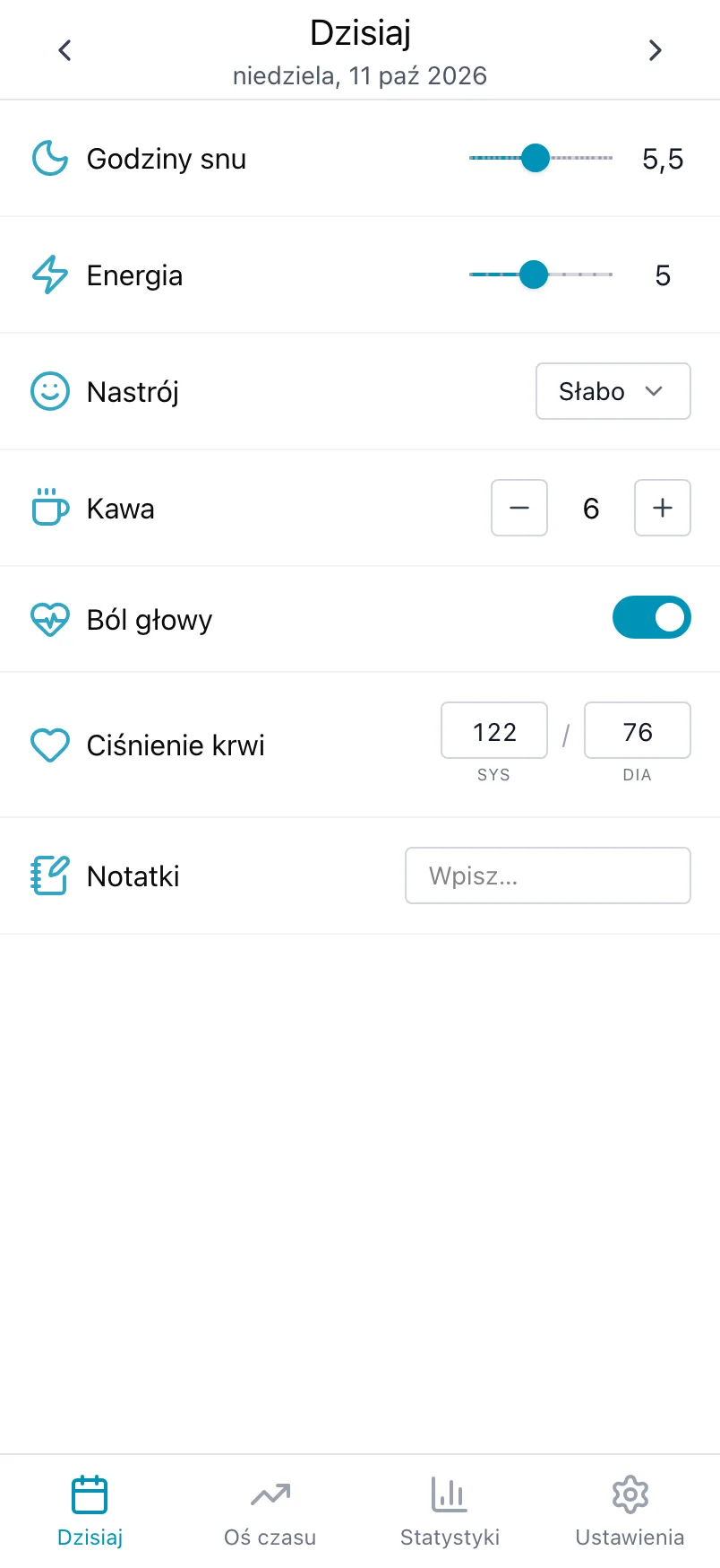 Ekran Dzisiaj w Loggr z godzinami snu, energią, nastrojem, kawą, bólem głowy, ciśnieniem krwi i notatkami