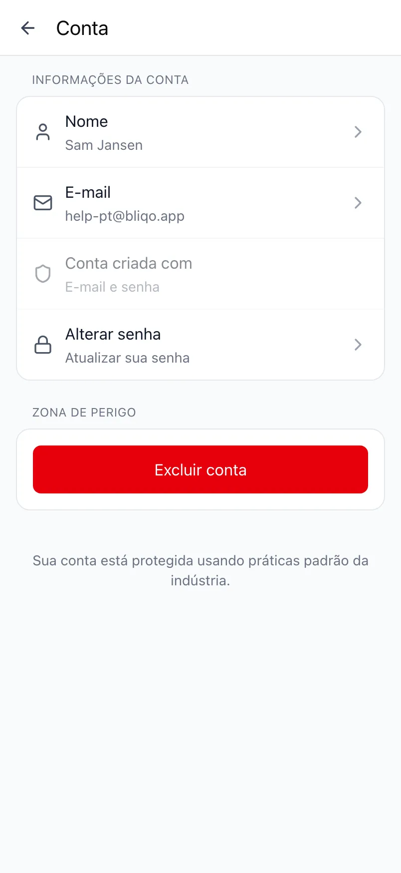 A tela Conta no Loggr com as informações da conta e a Zona de perigo