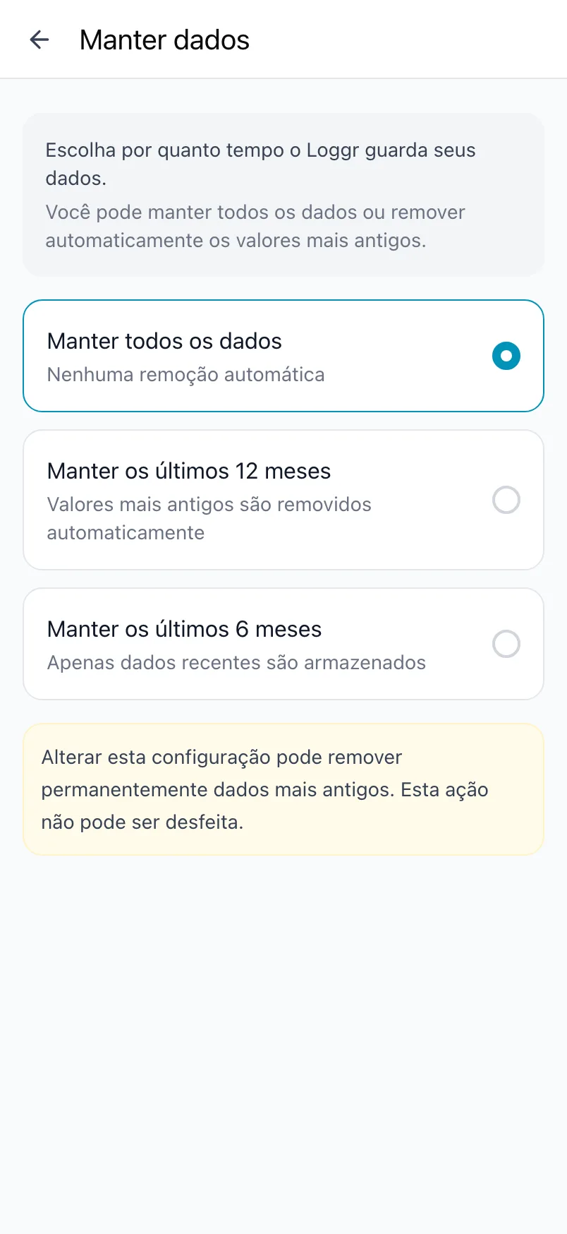 Manter dados, com Manter todos os dados, Manter os últimos 12 meses e Manter os últimos 6 meses