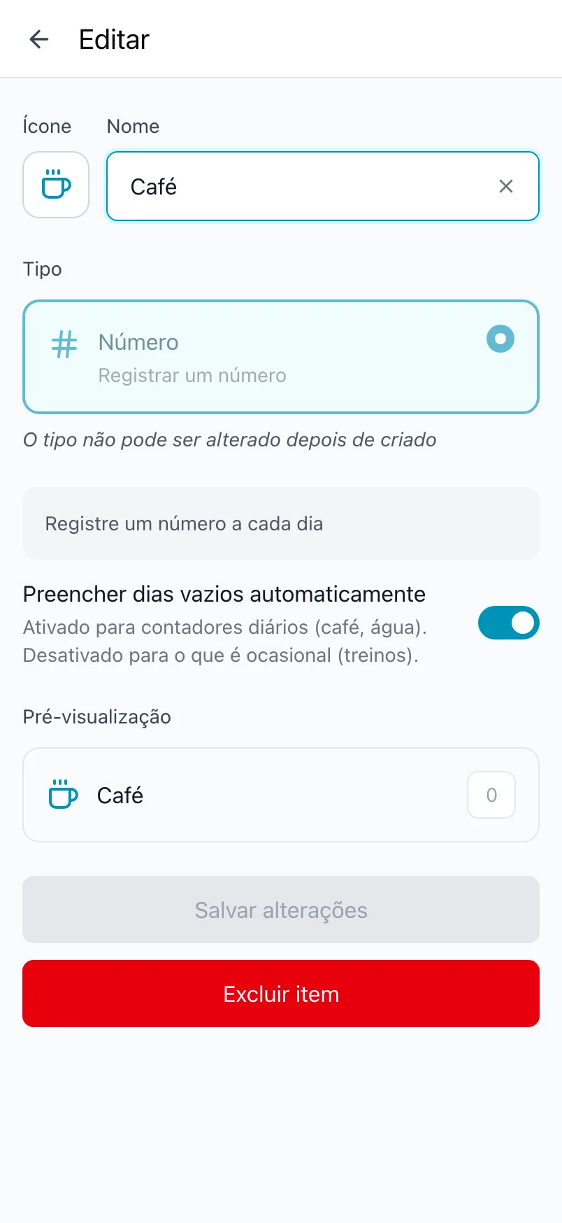 Editar para Café, com o tipo bloqueado e o botão Preencher dias vazios automaticamente