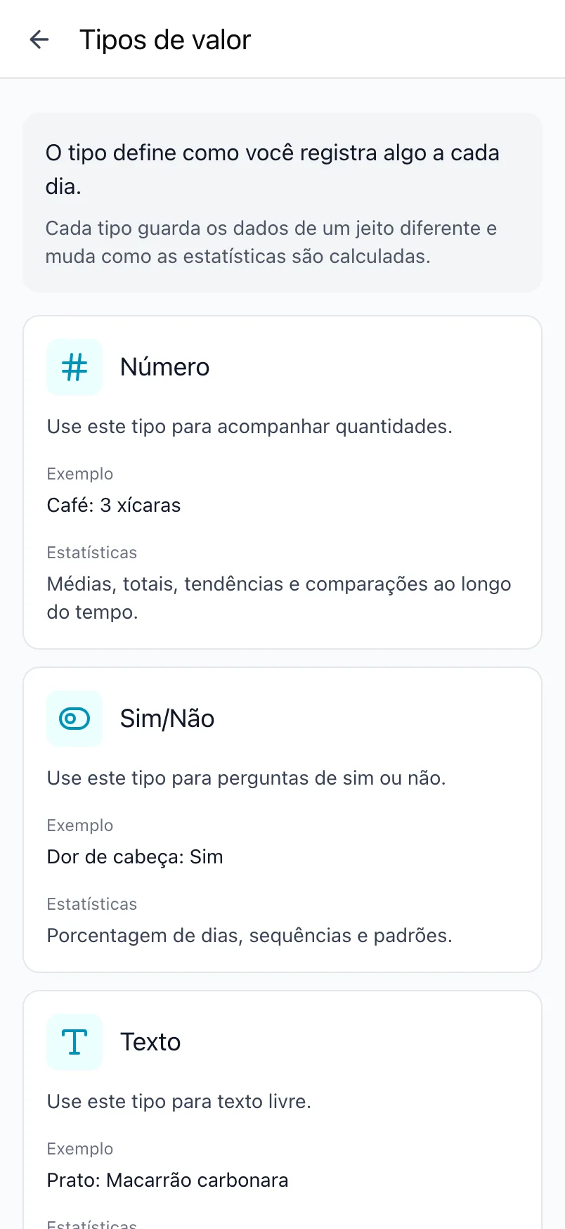 A tela Tipos de valor no Loggr, explicando cada tipo