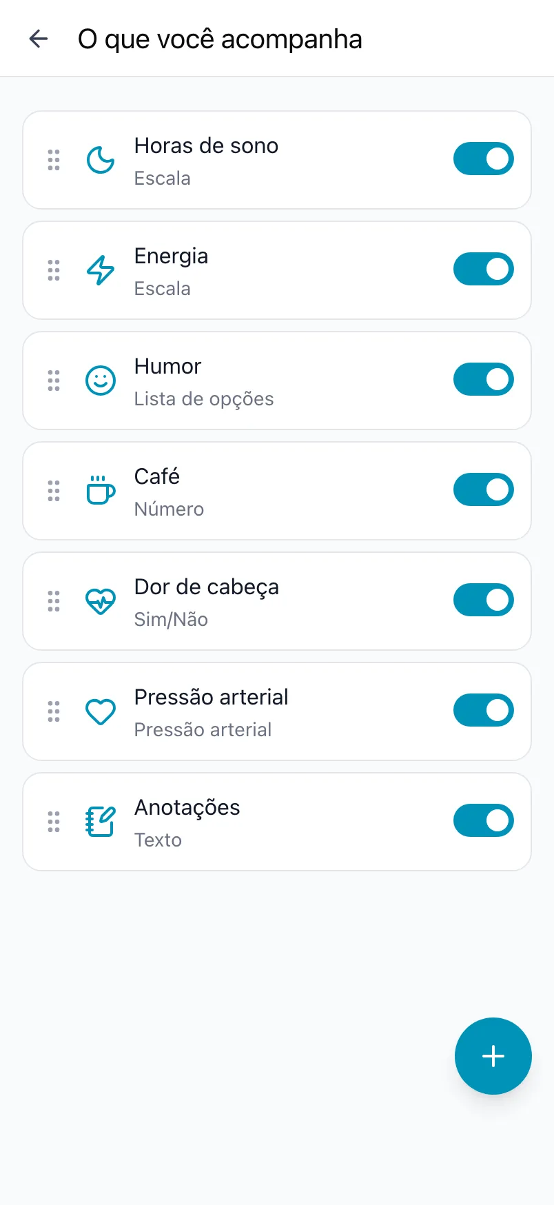 O que você acompanha no Loggr, com sete itens, seus botões e o botão +