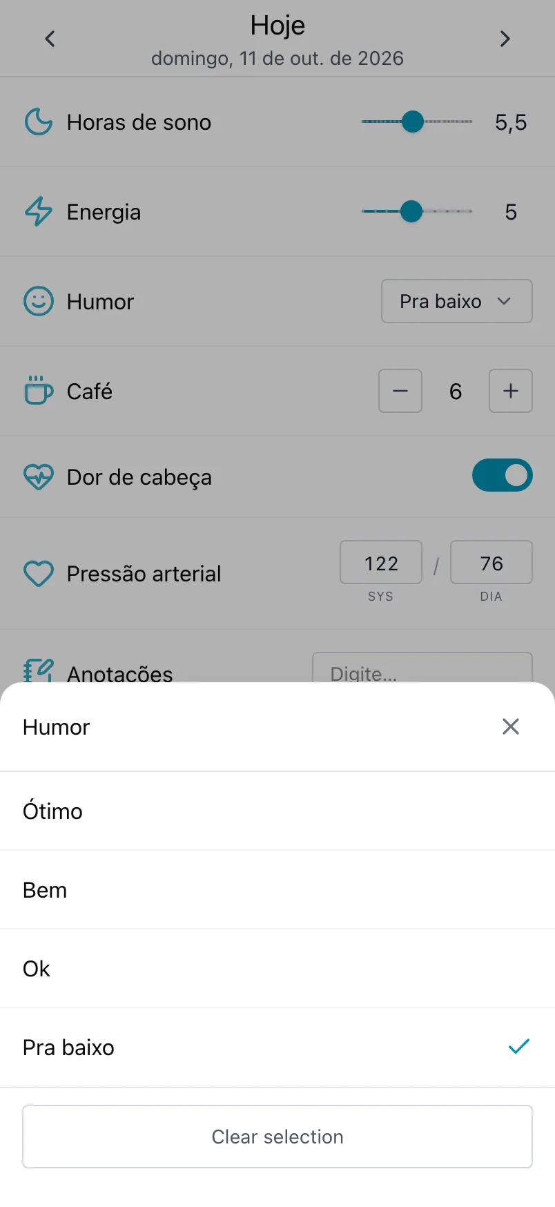 A lista de humores aberta a partir de Humor, com a escolha de hoje marcada