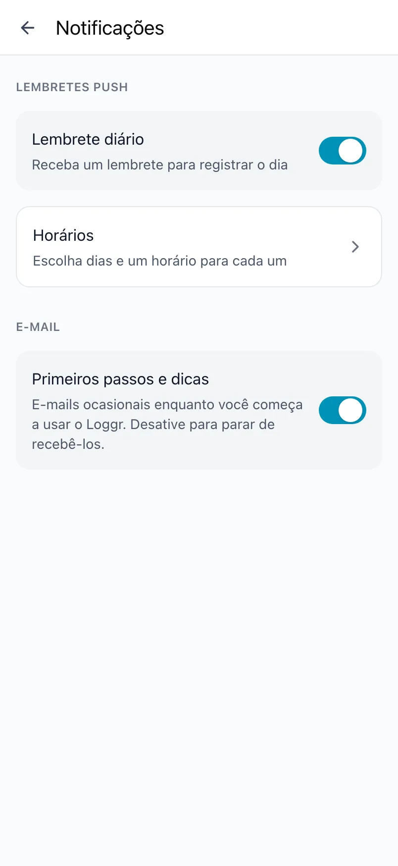 A tela Notificações no Loggr com Lembrete diário, os horários e a configuração de e-mail