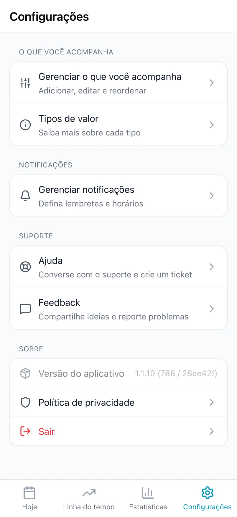 A parte de baixo de Configurações com O que você acompanha, Notificações, Suporte e Sobre