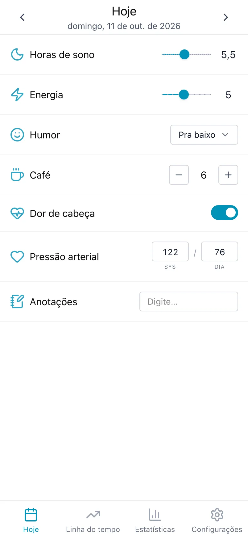 A tela Hoje no Loggr com tudo registrado, menos as anotações