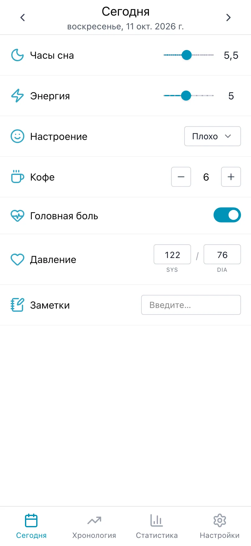 Экран «Сегодня» в Loggr с часами сна, энергией, настроением, кофе, головной болью, давлением и заметками