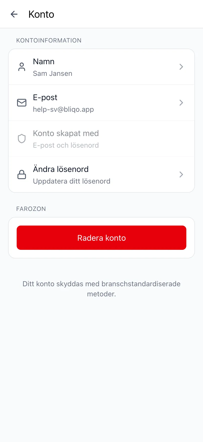 Skärmen Konto i Loggr med kontoinformationen och Farozon