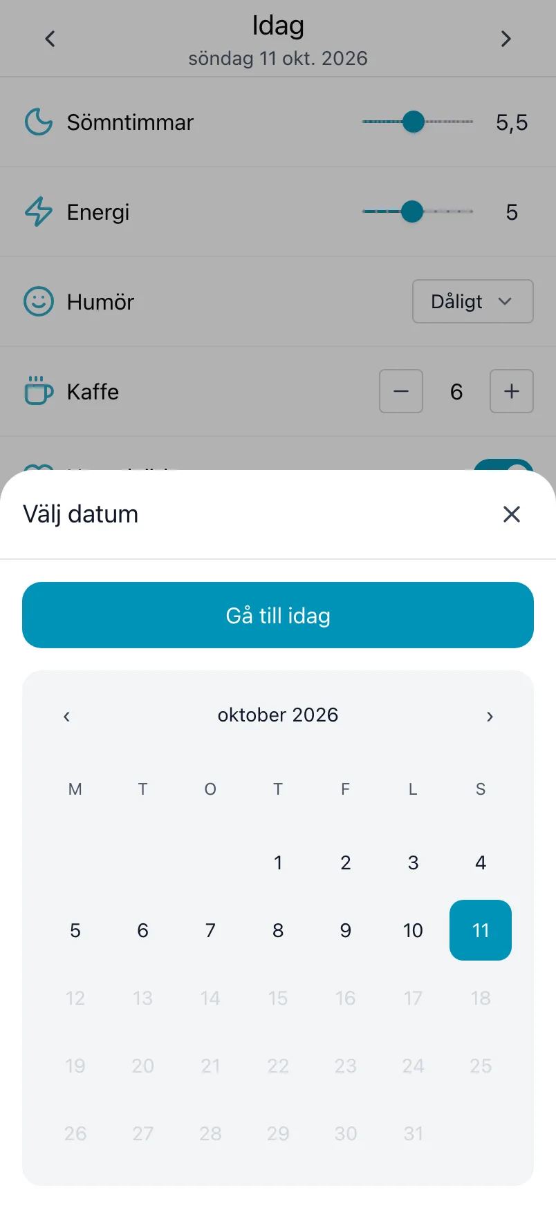Välj datum, med en kalender över månaden och Gå till idag
