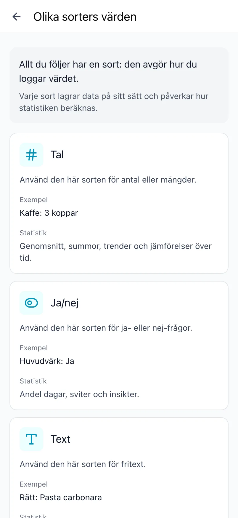 Skärmen Olika sorters värden i Loggr, som förklarar varje sort