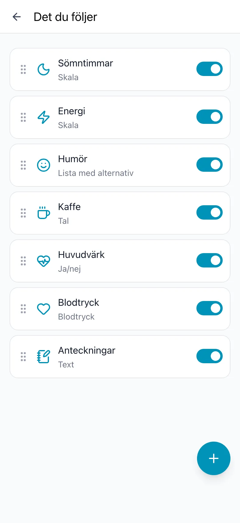 Det du följer i Loggr, med sju ämnen, deras reglage och knappen +