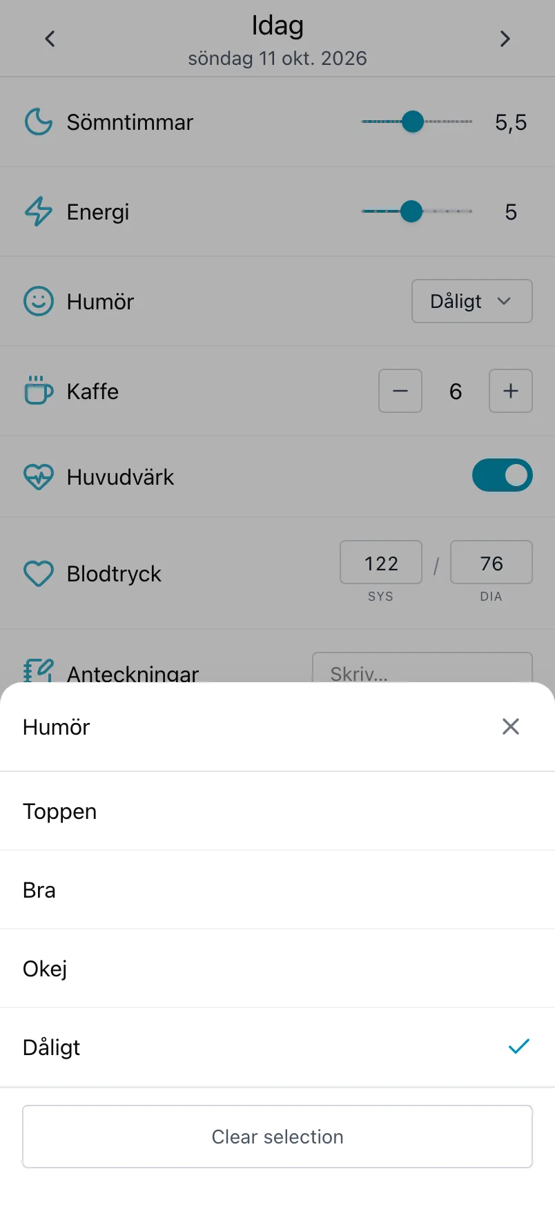 Listan med humör öppnad från Humör, med dagens val markerat