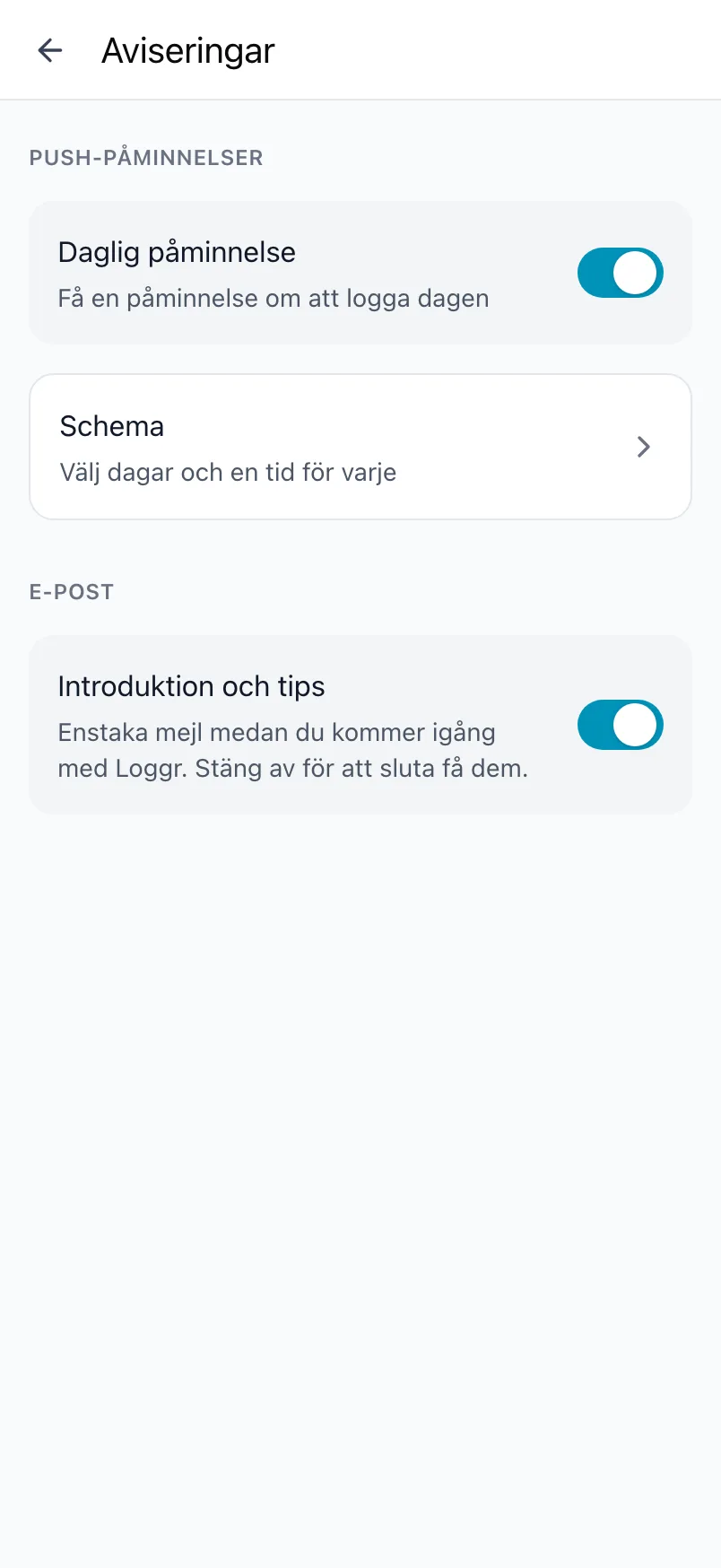 Skärmen Aviseringar i Loggr med Daglig påminnelse, schemat och mejlinställningen