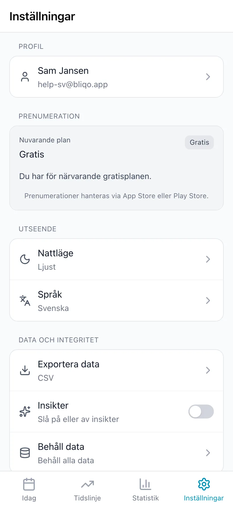 Fliken Inställningar i Loggr med Profil, Prenumeration, Utseende och Data och integritet