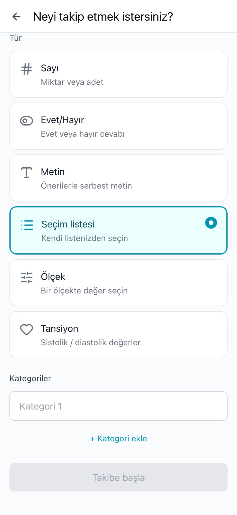 Seçim listesi türü seçili ve bir kategori listesiyle “Neyi takip etmek istersiniz?”