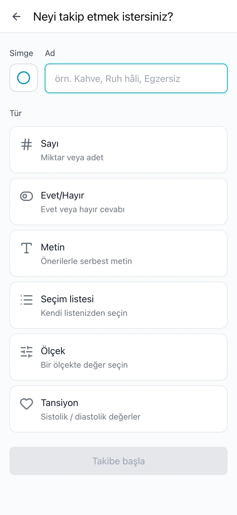 Simge, ad ve türlerle “Neyi takip etmek istersiniz?” ekranı