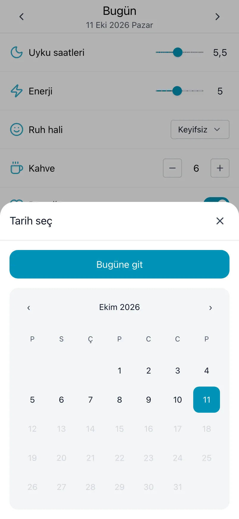Ayın takvimi ve Bugüne git ile Tarih seç