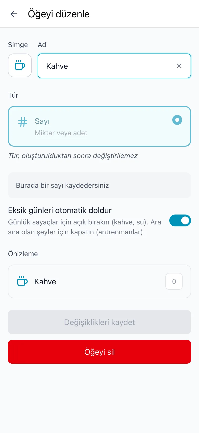 Kahve için Öğeyi düzenle; kilitli tür ve Eksik günleri otomatik doldur anahtarıyla