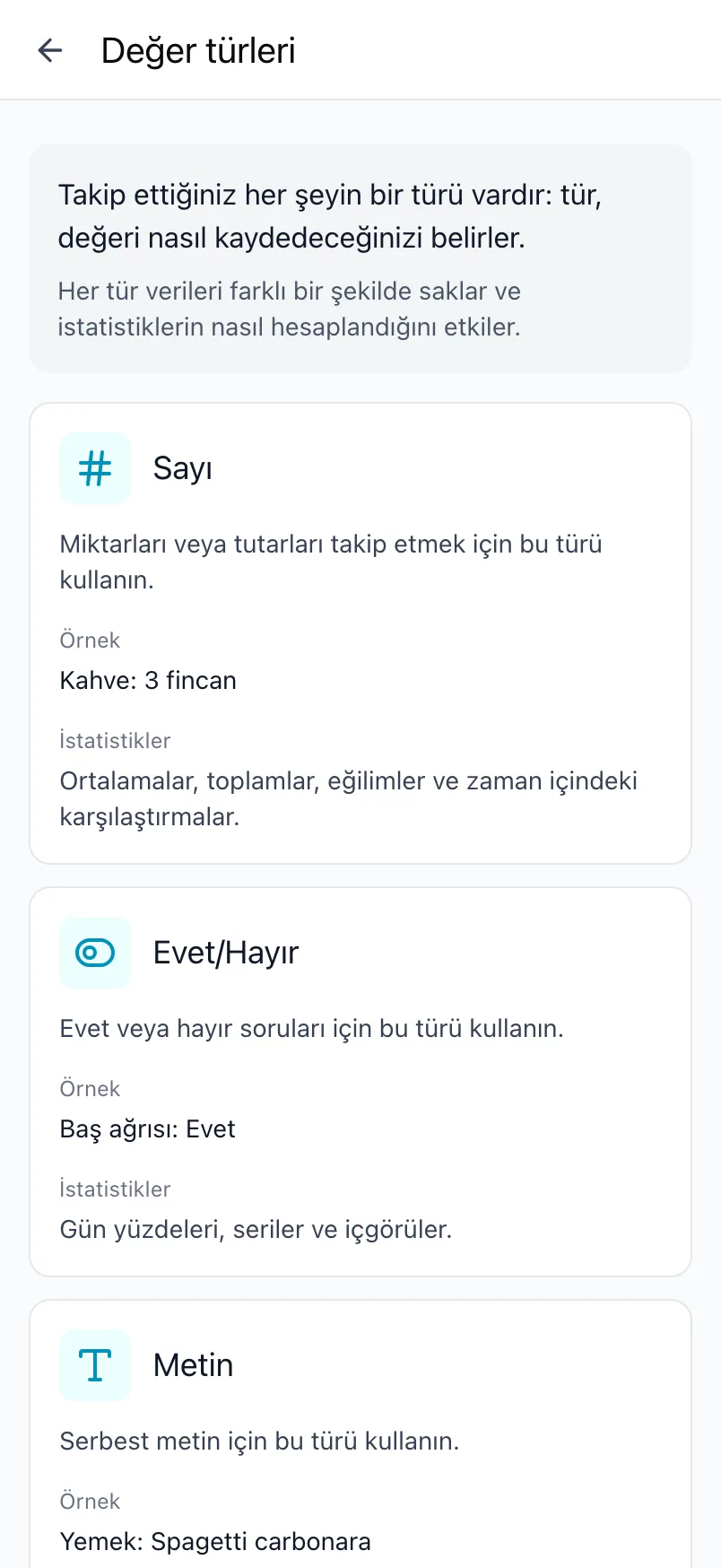 Loggr'daki Değer türleri ekranı; her türün açıklamasıyla