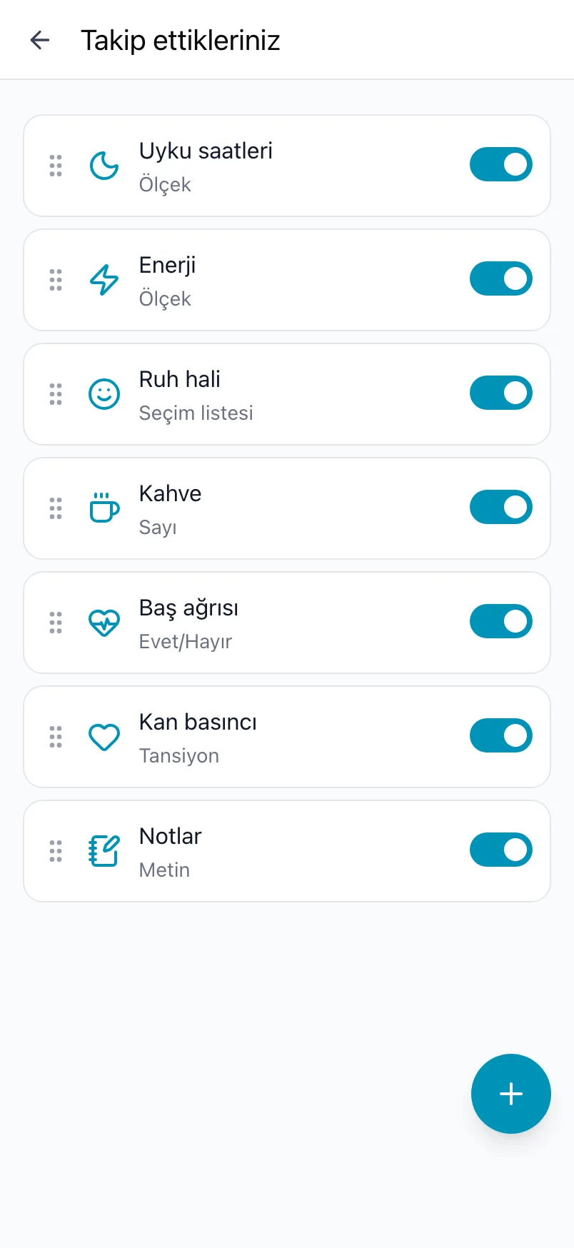 Loggr'da Takip ettikleriniz; yedi öğe, anahtarları ve + düğmesi