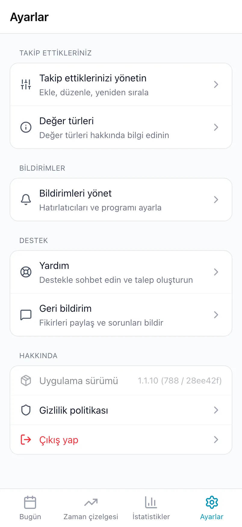 Ayarlar'ın alt kısmı; Takip ettikleriniz, Bildirimler, Destek ve Hakkında