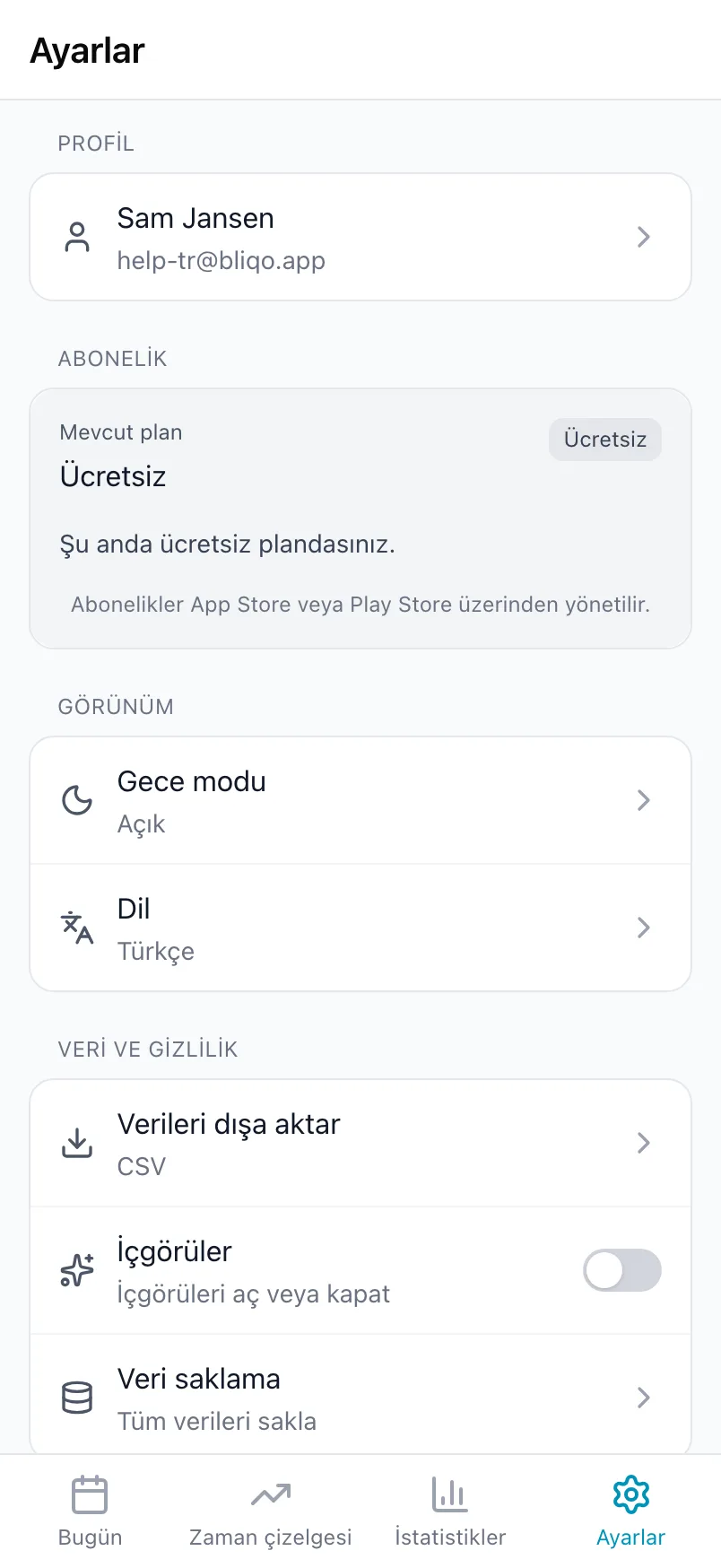 Loggr'daki Ayarlar; mevcut planı gösteren Abonelik kartıyla