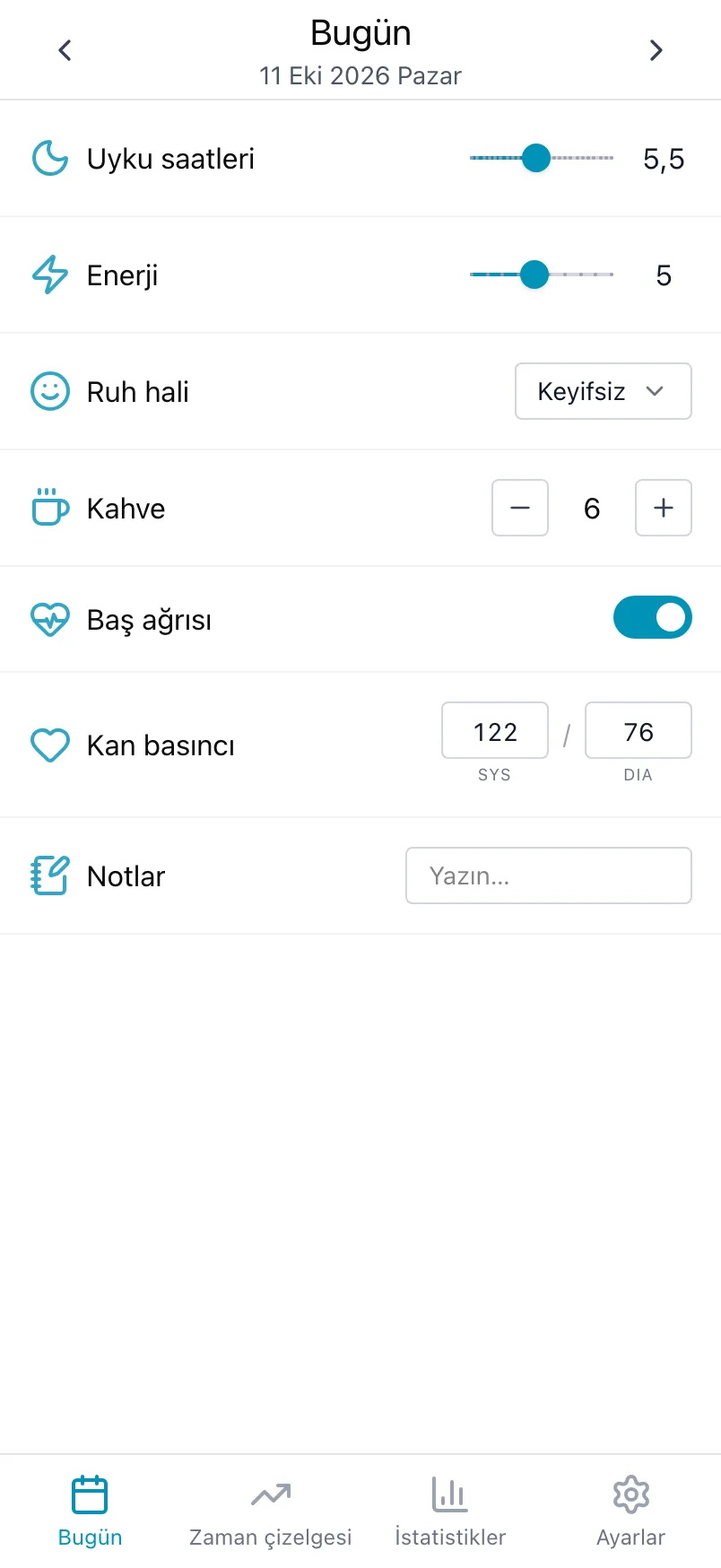 Loggr'daki Bugün ekranı; notlar hariç her şey kaydedilmiş
