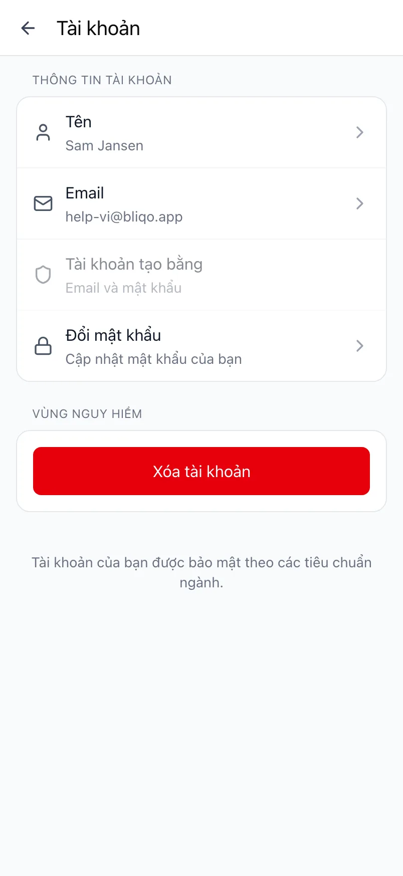 Màn hình Tài khoản trong Loggr với Thông tin tài khoản và Vùng nguy hiểm