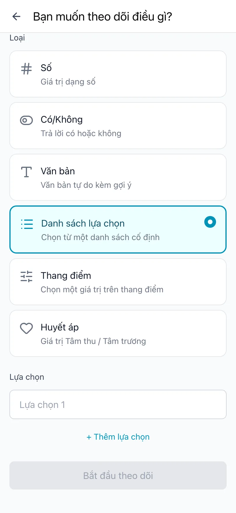 Bạn muốn theo dõi điều gì? với loại Danh sách lựa chọn đã chọn và một danh sách lựa chọn