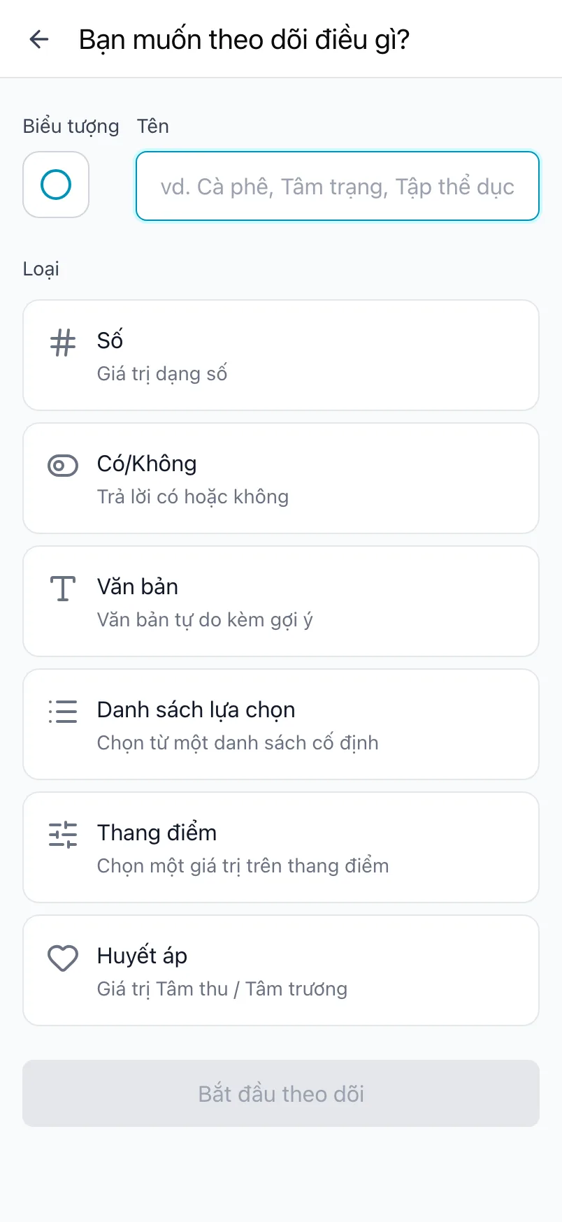 Màn hình Bạn muốn theo dõi điều gì? với biểu tượng, tên và các loại