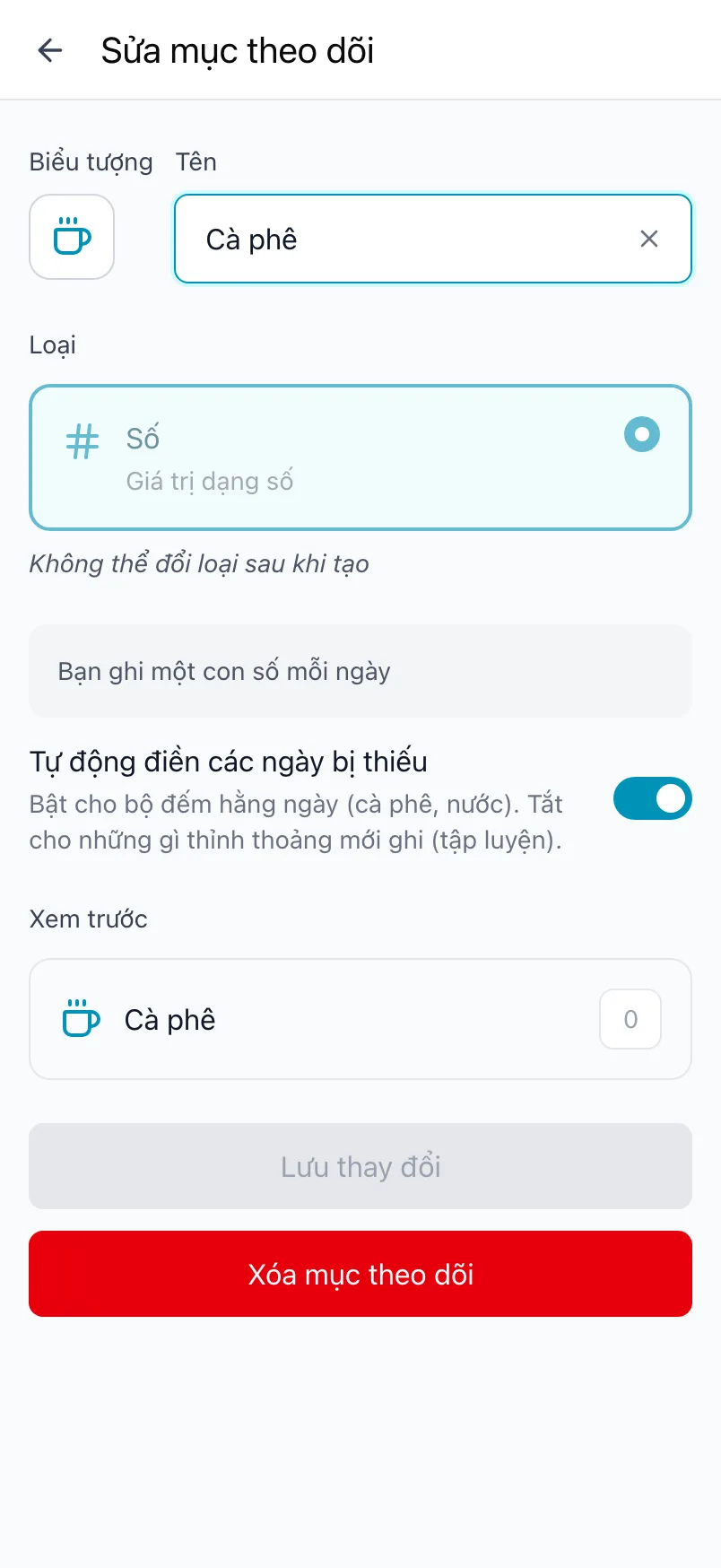 Sửa mục theo dõi Cà phê, với loại bị khóa và công tắc Tự động điền các ngày bị thiếu