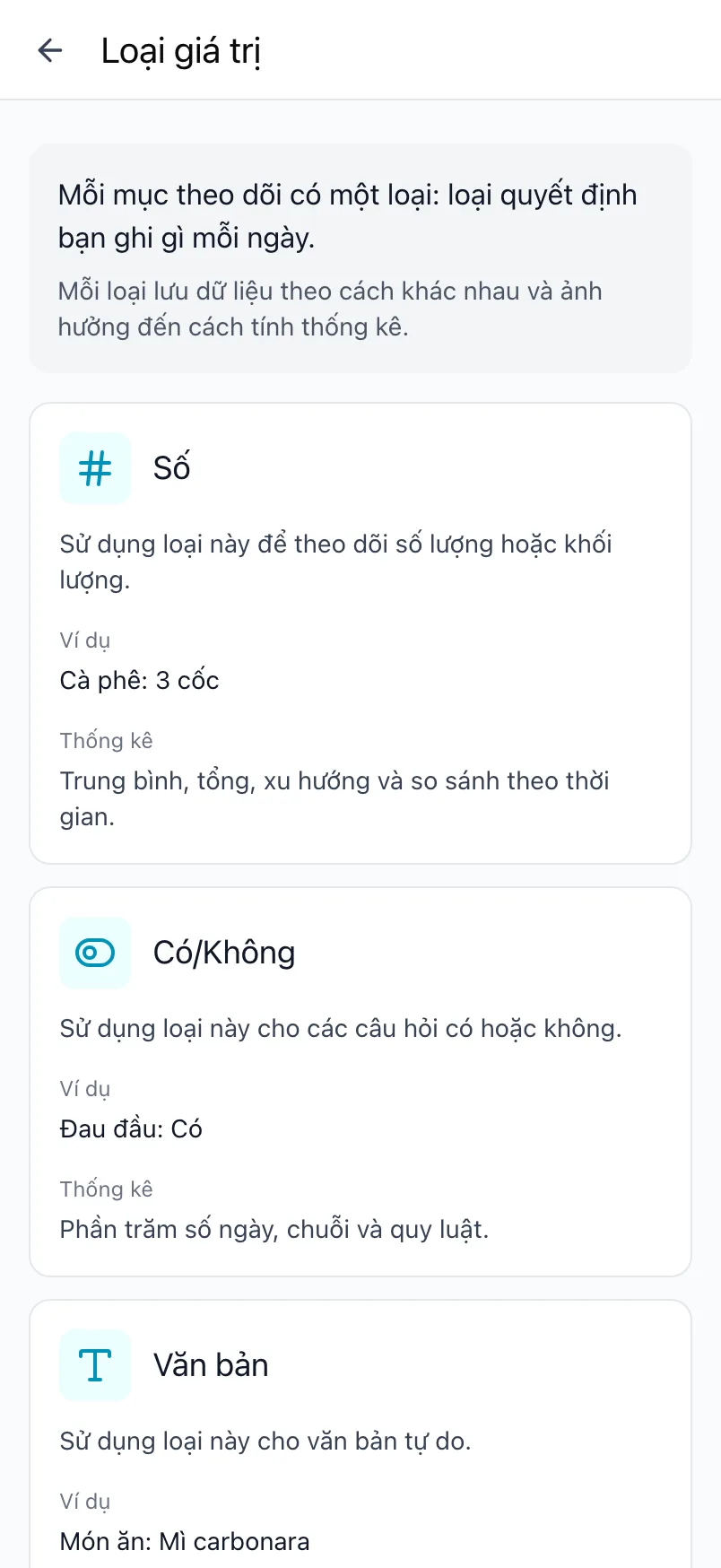 Màn hình Loại giá trị trong Loggr, giải thích từng loại