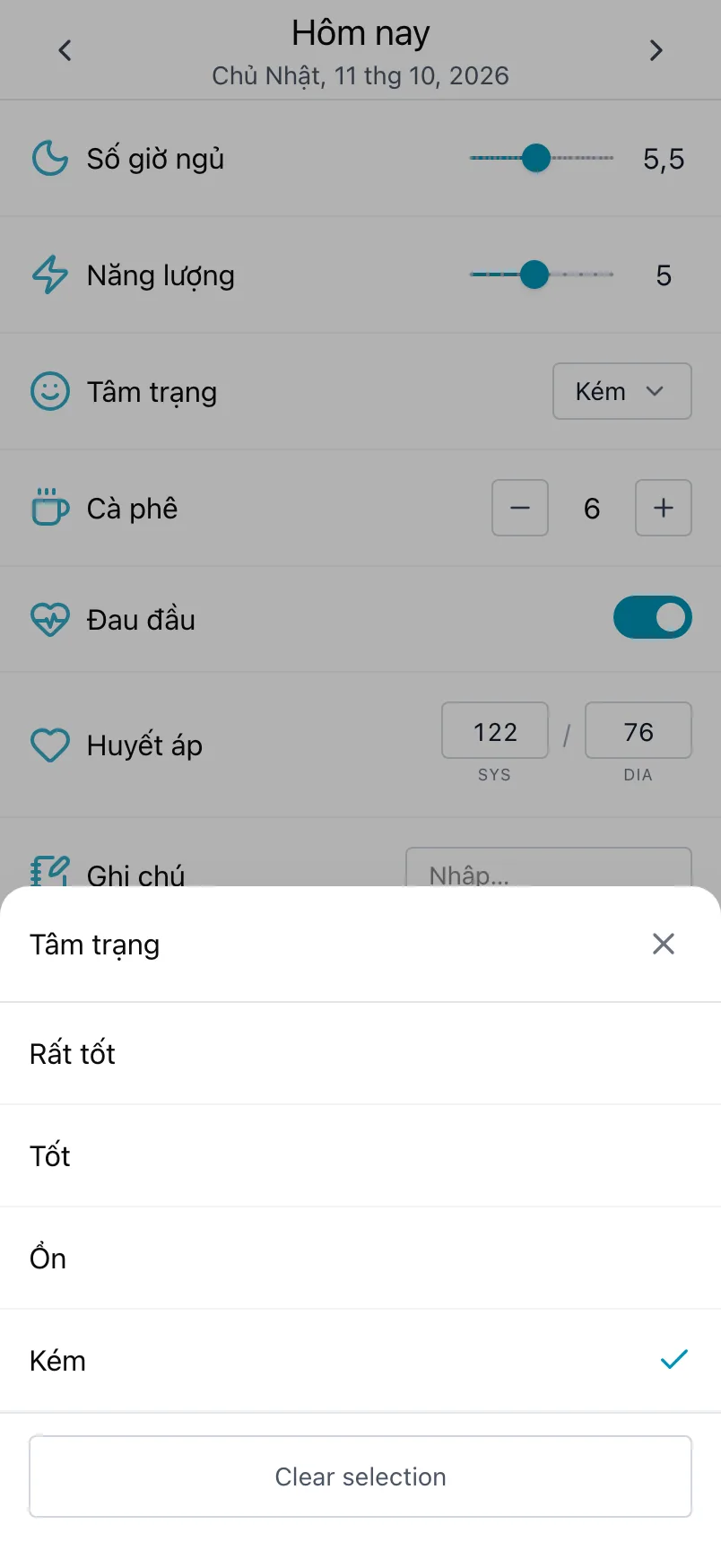 Danh sách tâm trạng mở ra từ mục Tâm trạng, với lựa chọn hôm nay được đánh dấu