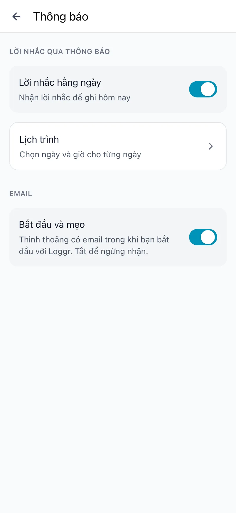 Màn hình Thông báo trong Loggr với Lời nhắc hằng ngày, lịch trình và cài đặt email
