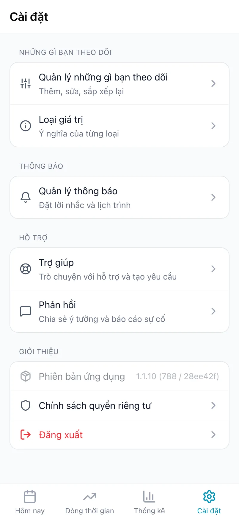 Phần dưới của Cài đặt với Những gì bạn theo dõi, Thông báo, Hỗ trợ và Giới thiệu