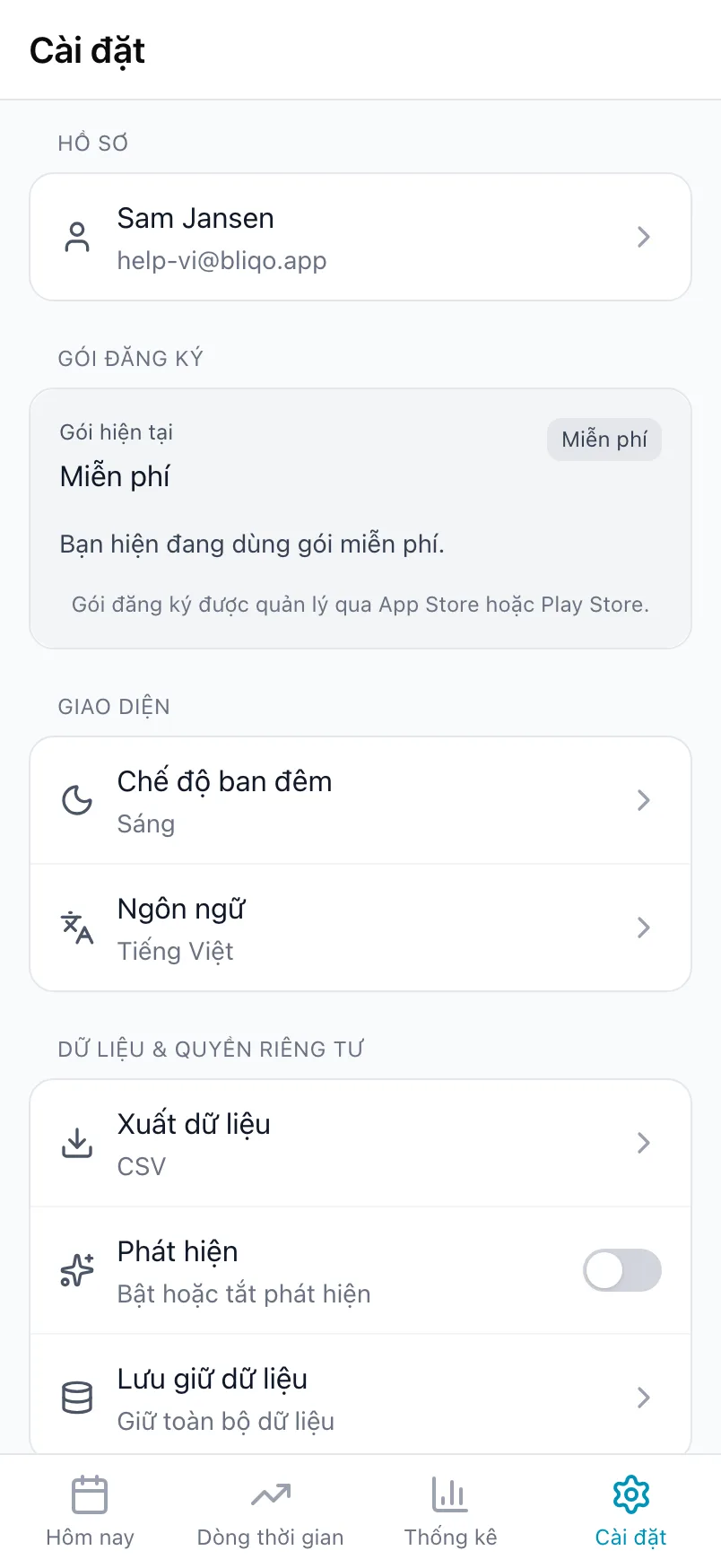 Cài đặt trong Loggr với thẻ Gói đăng ký hiển thị gói hiện tại
