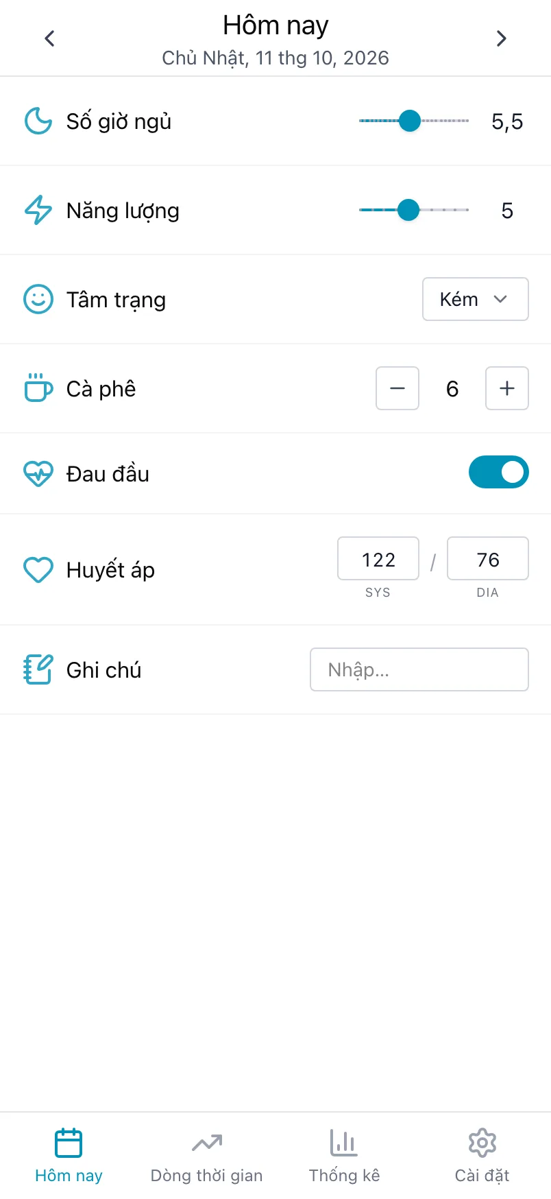Màn hình Hôm nay trong Loggr, với số giờ ngủ, năng lượng, tâm trạng, cà phê, đau đầu, huyết áp và ghi chú